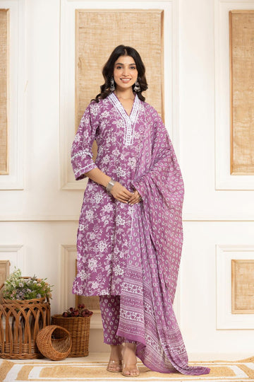 Varanga Women Purple Printed V Neck Kurta Paired With Bottom & Dupatta